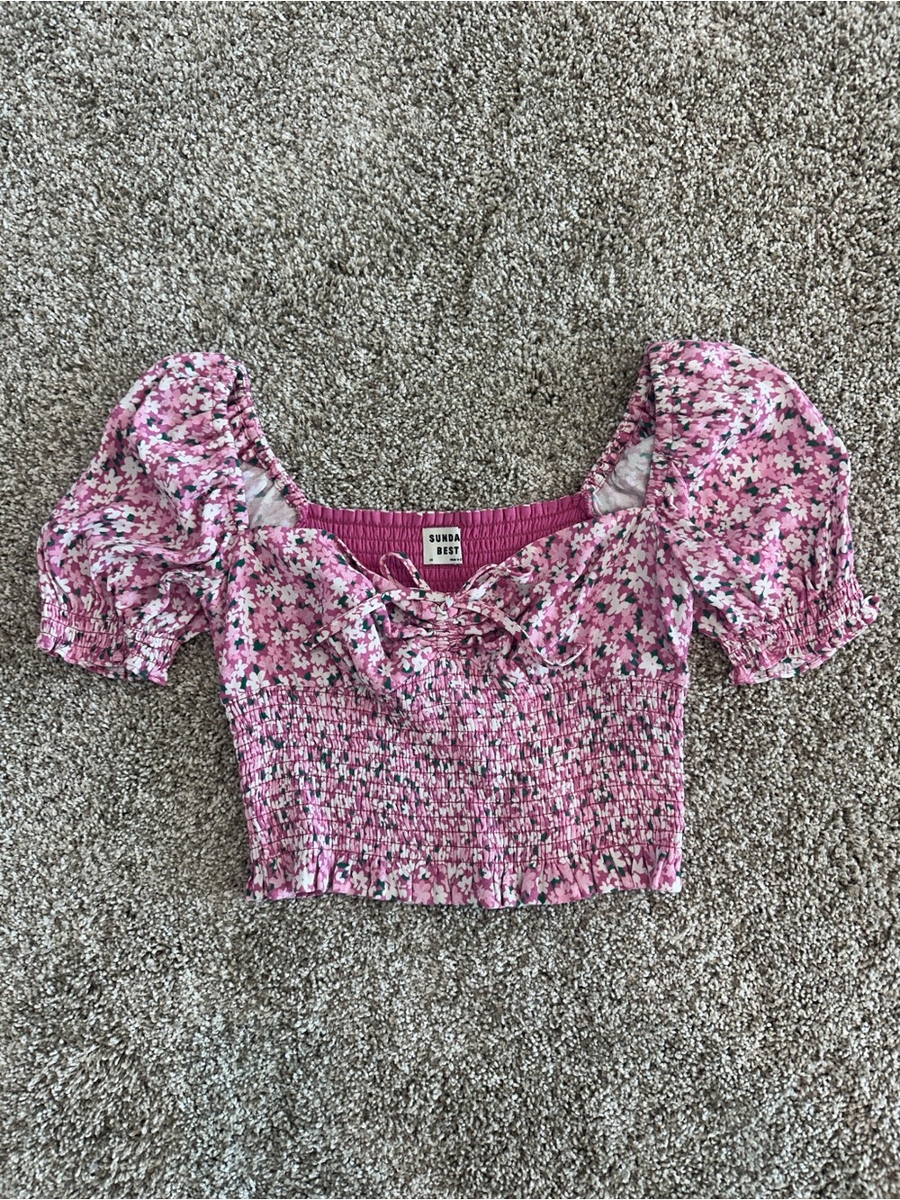 Sunday Best Pink Floral Smocked Puff-Sleeve Crop Top with Tie Front